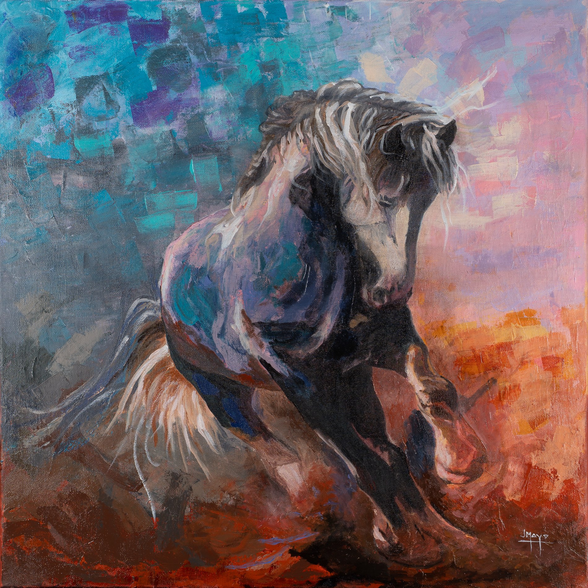 Opera di Juan Mayo — cavallo tra turchese e ruggine